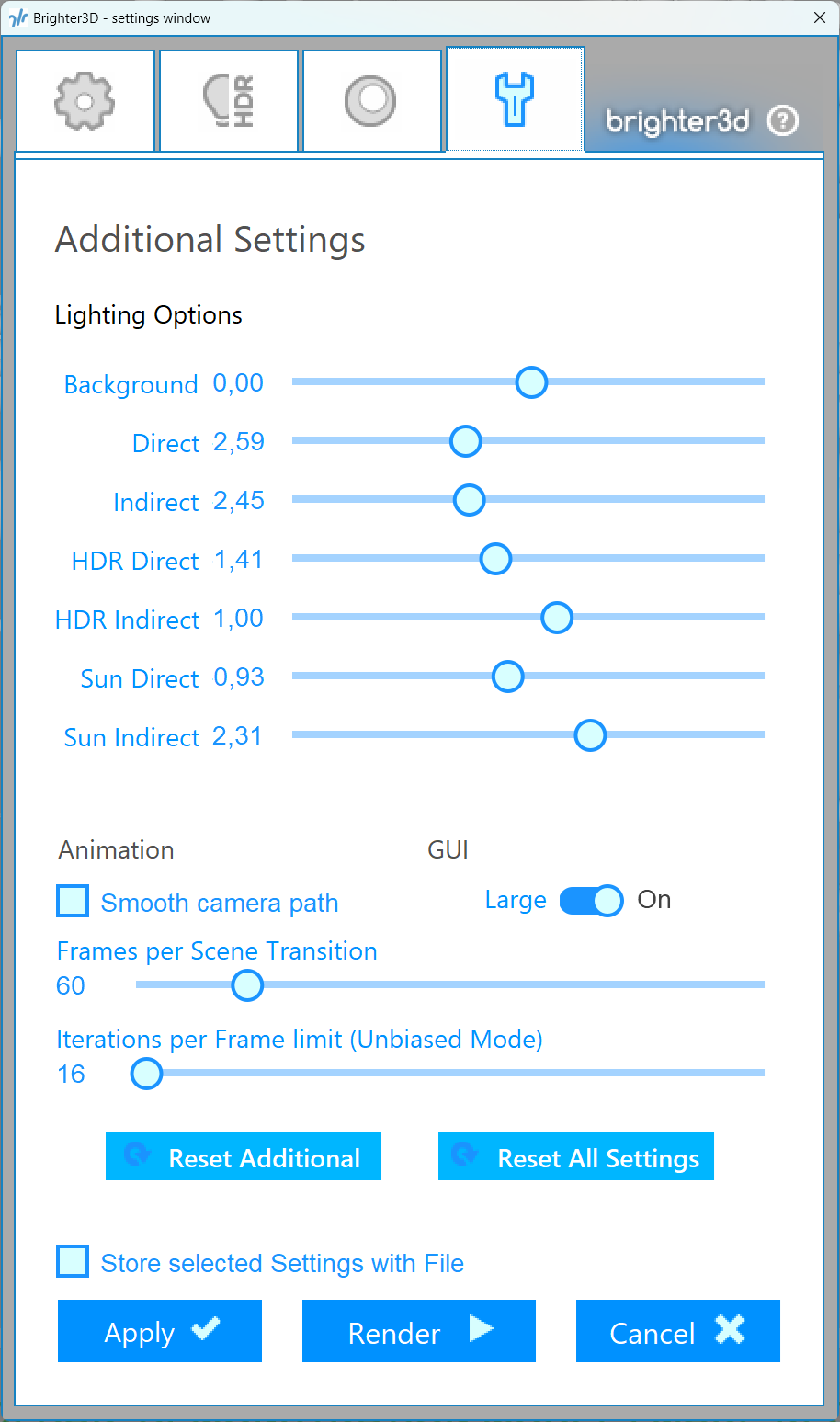 Additional tab – Brighter3D settings